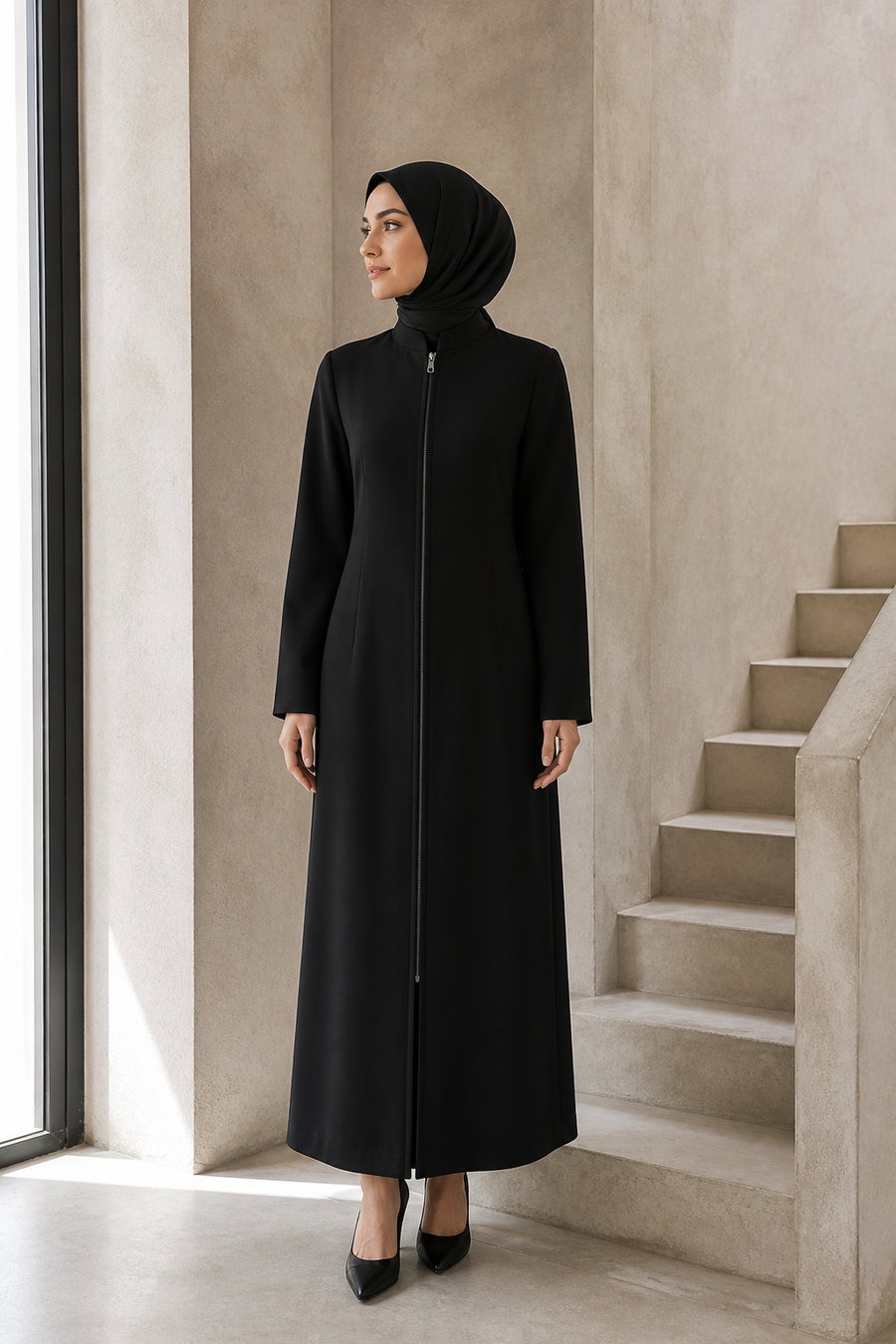 Siyah minimal fermuarlı ferace