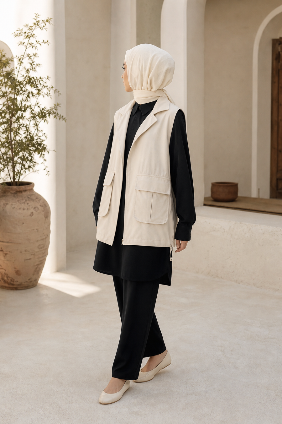 Ekru oversize cepli tesettür yelek