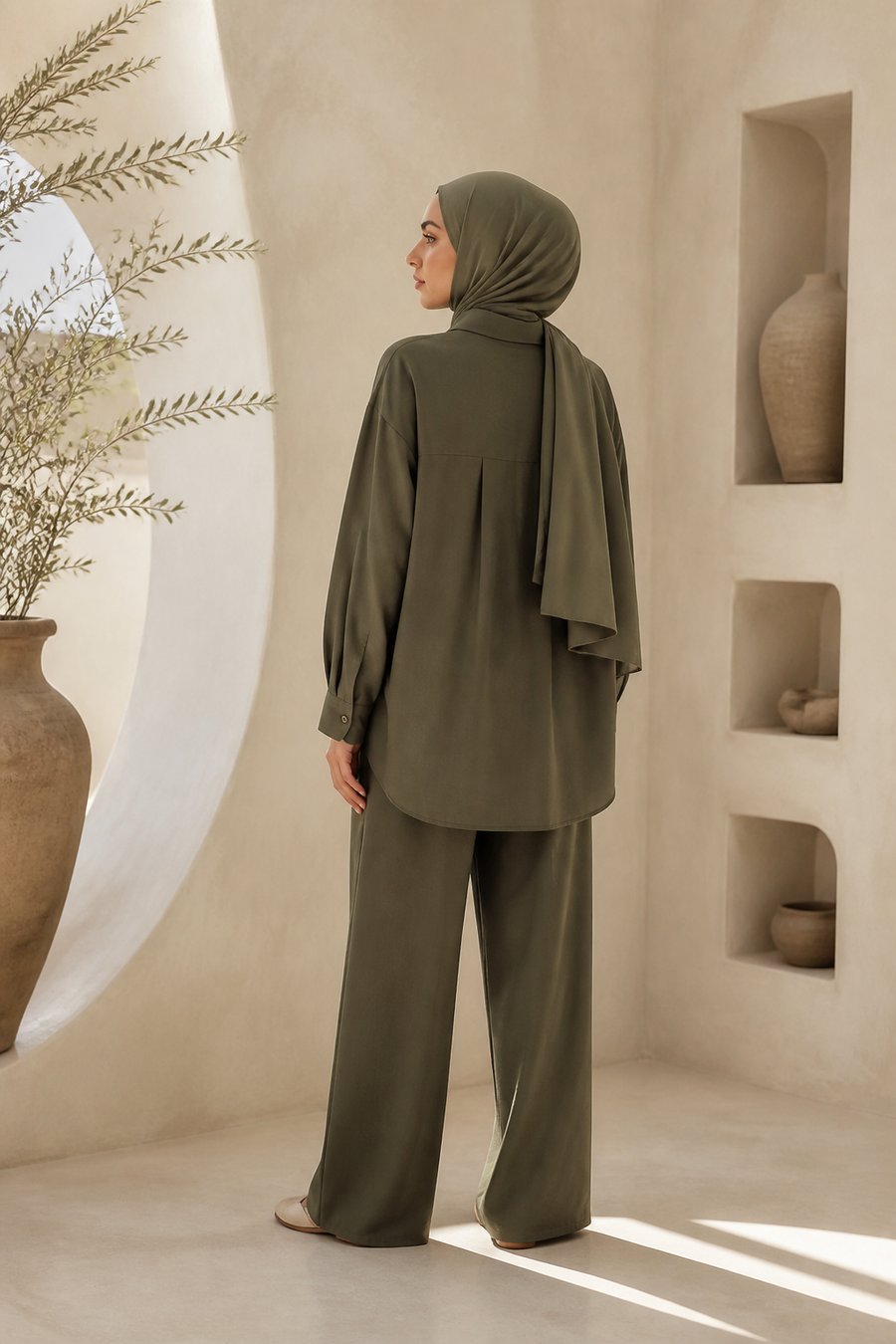 Zeytin oversize gömlek tesettür takım