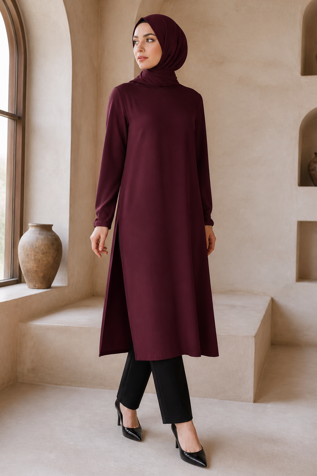 Bordo yırtmaçlı uzun tesettür tunik